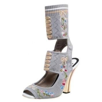 Pre Owned Fendi Grey Knit Fabric Flower Embroidered Cutout Open Square Toe Sandals Size 40