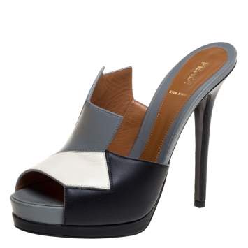 Pre Owned Fendi Multicolor Leather Color-Block Peep Toe Slide Sandals Size 39