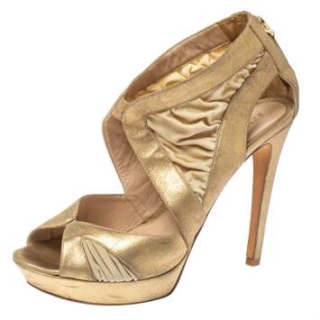 Pre Owned Fendi Metallic Beige Leather and Fabric Platform Sandals Size 40