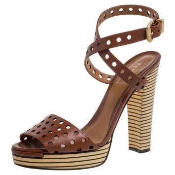 Pre Owned Fendi Brown Perforated Ankle Strap Platform Sandals Size 38