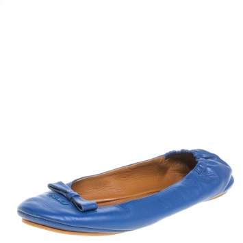 Pre Owned Fendi Blue Leather Bow Scrunch Ballet Flats Size 38.5