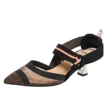 Pre Owned Fendi Brown Zucca Mesh and Fabric Colibri Slingback Pumps Size 35