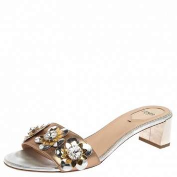 Pre Owned Fendi Metallic Bronze/Silver Leather Flowerland Slide Sandals Size 40