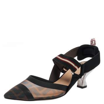 Pre Owned Fendi Black/Brown Mesh And Fabric Colibri Slingback Pumps Size 36.5