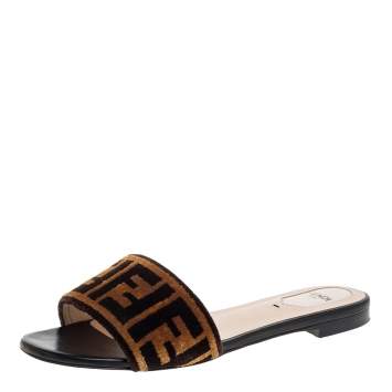 Pre Owned Fendi Two Tone Zucca Velvet Flat Slides Size 37.5