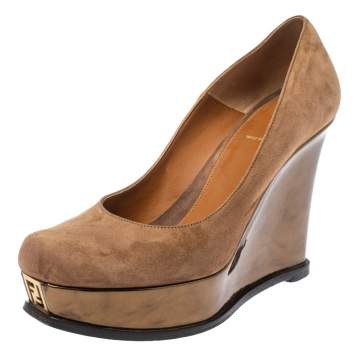 Pre Owned Fendi Brown Suede Platform Wedge Pumps Size 40