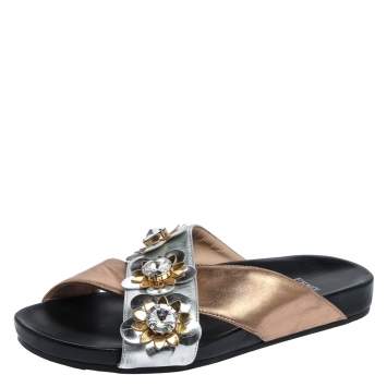Pre Owned Fendi Gold/Silver Leather Crisscross Flowerland Slide Flats Size 37.5