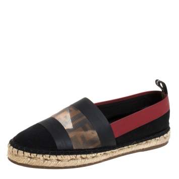 Pre Owned Fendi Black/ Red Mesh, Leather And Canvas Espadrille Flats Size 36
