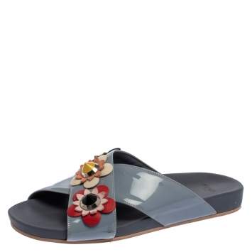 Pre Owned  Fendi Blue Patent Leather Flowerland Flat Slides Size 38.5