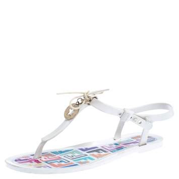 Pre Owned Fendi White Jelly Logo Charm Sunny Thong Flat Sandals Size 38
