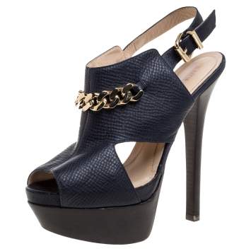 Pre Owned Fendi Navy Blue Leather Chain Details Slingback Platform Sandals Size 38