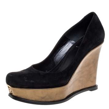 Pre Owned Fendi Black Suede Leather Wedge Platform Pumps Size 40