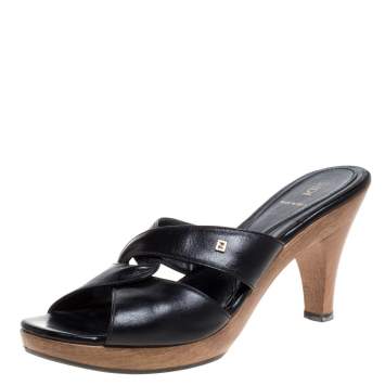 Pre Owned Fendi Black Leather Criss Cross Clog Slide Sandals Size 38