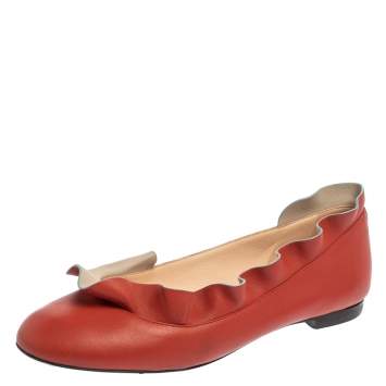 Pre Owned Fendi Red Leather Ruffle Trim Ballet Flats Size 39