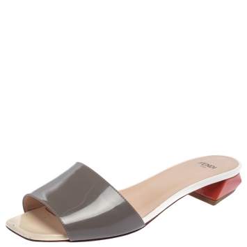 Pre Owned Fendi Grey Patent Leather Slide Sandals Size 37.5