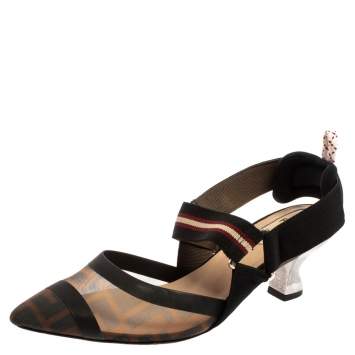 Pre Owned Fendi Black FF Motif Tech Mesh And Leather Trim Colibri Slingback Sandals Size 36