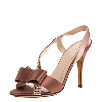 Pre Owned Fendi Brown/Beige Satin Crystal Embellished Bow Slingback Sandals Size 37