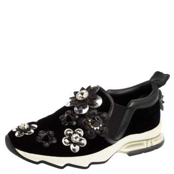 Pre Owned Fendi Black Velvet And Leather Trim Flowerland Slip On Sneakers Size 36
