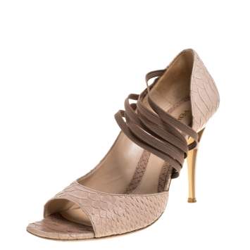Pre Owned Fendi Beige Python Embossed Leather Strappy Half D'Orsay Peep Toe Pumps Size 40