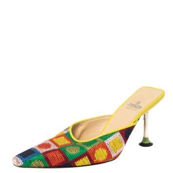 Pre Owned Fendi Multicolor Fabric Mule Sandals Size 37.5