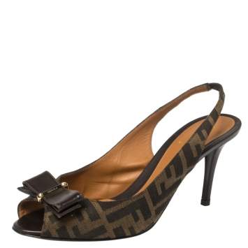 Pre Owned Fendi Brown Zucca Canvas And Leather Bow Slingback Sandals Size 39.5