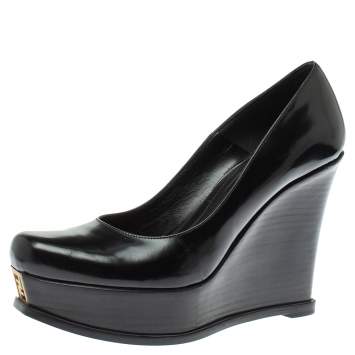 Pre Owned Fendi Black Leather Fendista Wedge Pumps Size 40