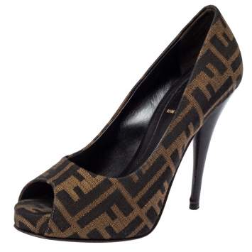Pre Owned Fendi Tobacco Zucca Canvas Peep Toe Pumps Size 37
