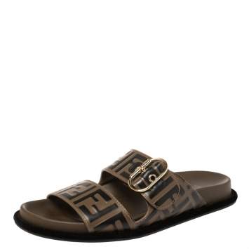Pre Owned Fendi Brown Leather FF Buckle Slide Sandals Size 38