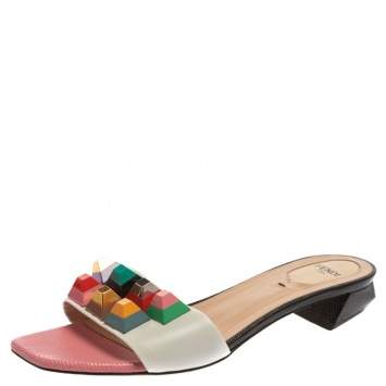 Pre Owned Fendi White Leather Multi Lollipop Embellished Slide Sandals Size 39