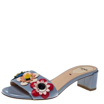 Pre Owned Fendi Blue Patent Leather Flowerland Embellished Sandals Size 35