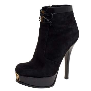 Pre Owned Fendi Black Suede And Patent Leather Fendista Platform Ankle Boots Size 39.5