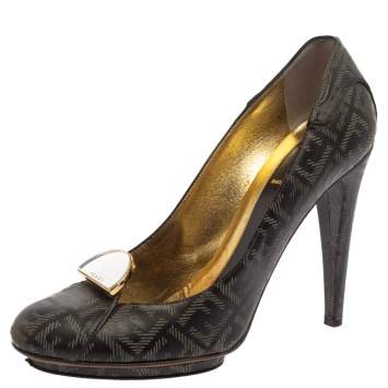Pre Owned Fendi Dark Grey FF Engraved Leather Mirror Embellished Pumps Size 40