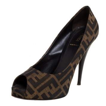 Pre Owned Fendi Brown Zucca Canvas  Platform Peep Toe Pumps Size 39.5