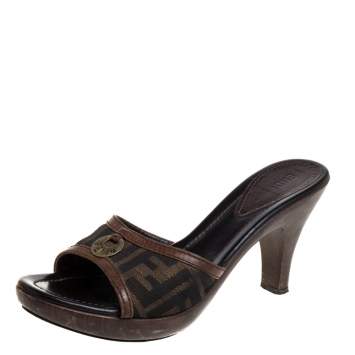 Pre Owned  Fendi Brown Zucca Canvas Heel Mules Size 39
