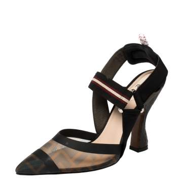 Pre Owned Fendi Black FF Motif Tech Mesh And Leather Trim Colibri Slingback Sandals Size 38