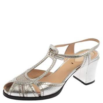 Pre Owned Fendi Metallic Silver Leather Chameleon Ankle Strap Sandals Size 39
