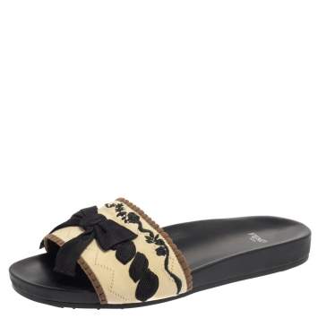 Pre Owned Fendi Beige/Black Knit Bow-Tie Slide Sandals Size 39.5