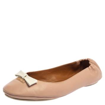 Pre Owned Fendi Pink/White Leather Let's Dance Bow Ballet Flats Size 38