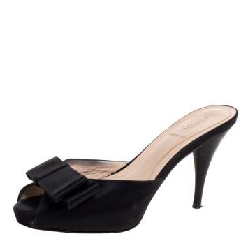 Pre Owned Fendi Black Satin Bow Peep Toe Slide Sandals Size 36.5