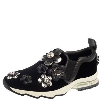 Pre Owned Fendi Black Velvet And Leather Trim Flowerland Slip On Sneakers Size 38