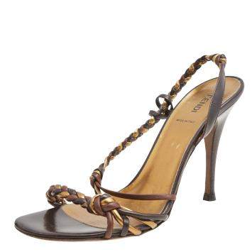 Pre Owned Fendi Gold/Brown Braided Leather Slingback Sandals Size 40.5