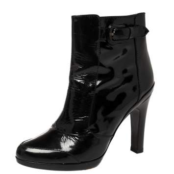 مملوكة مسبقًا Fendi Black Patent Leather Zip Detail Ankle Boots Size 38