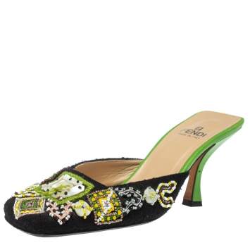 Pre Owned Fendi Multicolor Canvas and Leather Beaded Square Toe Mule Sandals Size 37.5