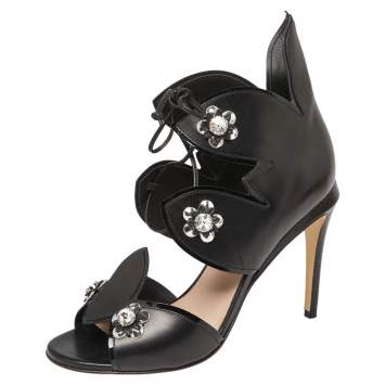 Pre Owned Fendi Black Leather Flowerland Embellished Sandals Size 38