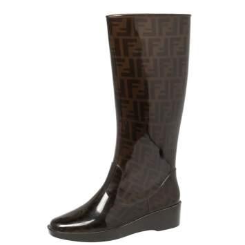 Pre Owned Fendi Tobacco Zucca Rubber Mid Calf  Rain Boots Size 39