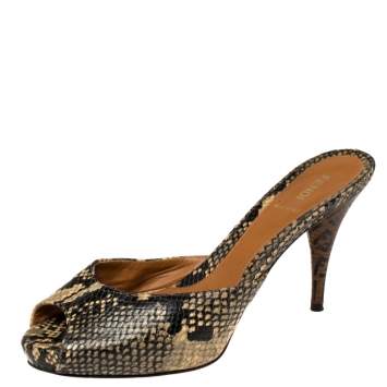 Pre Owned Fendi Multicolor Python Embossed Leather Peep Toe Slide Sandals Size 40