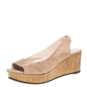 Pre Owned Fendi Beige Suede Leather Wedge Slingback Platform Sandals Size 38.5
