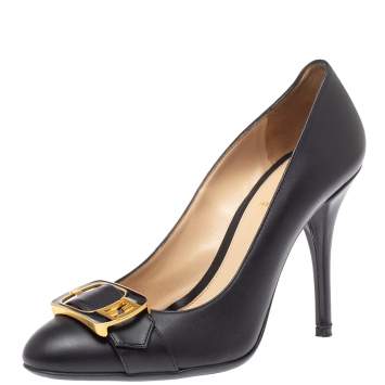 Pre Owned Fendi Black Leather Chameleon Buckle Pumps Size 38