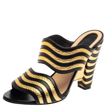 Pre Owned Fendi Black/Gold Wave Striped Leather Mule Sandals Size 36