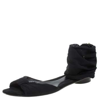 Pre Owned Fendi Black Mesh and Suede Bow Open Toe Flat Sandals Size 38.5